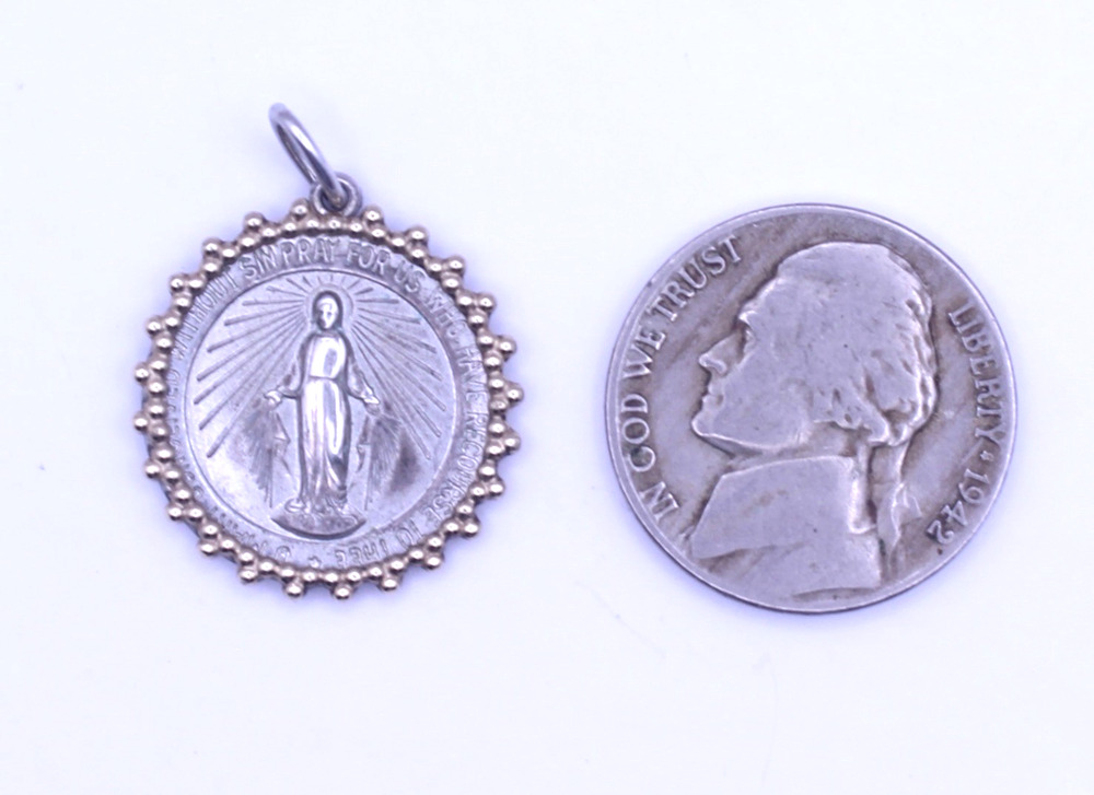 Vintage AE 925 Silver Mother Mary Medal Pendant in 14k bezel